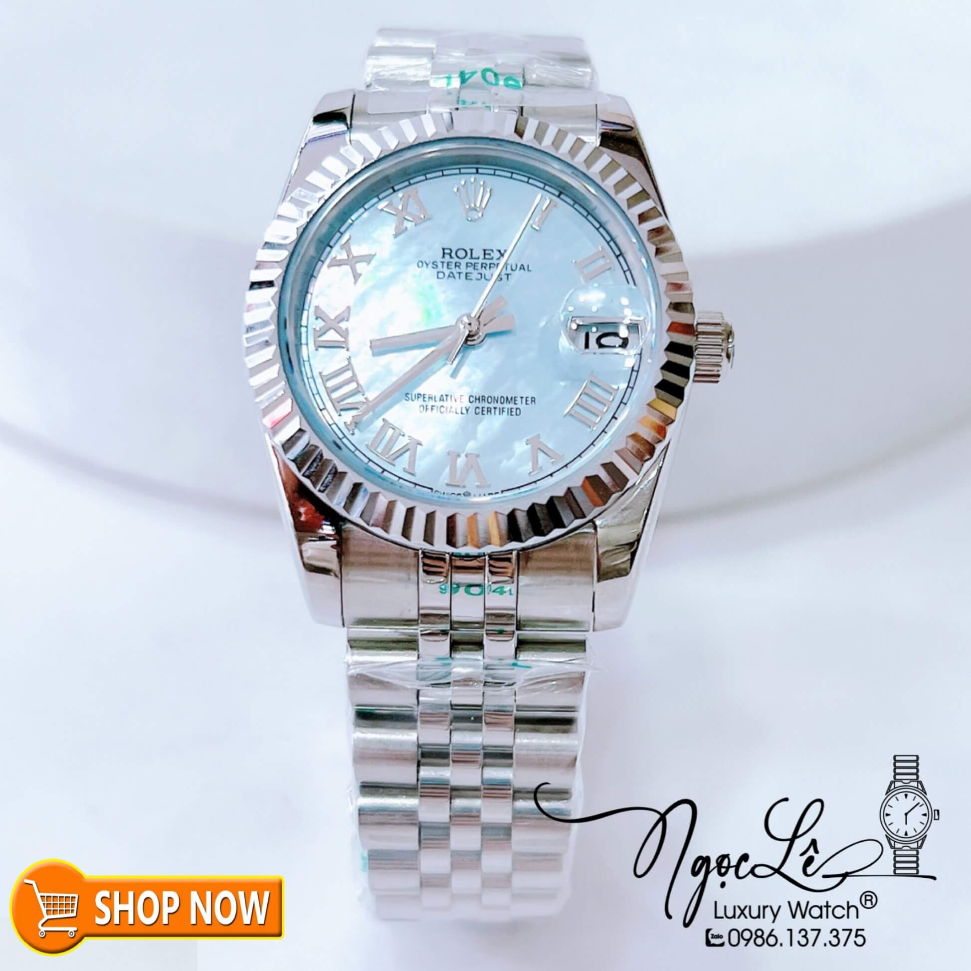 Đồng Hồ Rolex Datejust Nữ Máy Cơ Tự Động Bạc Mặt Xanh Xà Cừ Số La Mã Size 31mm