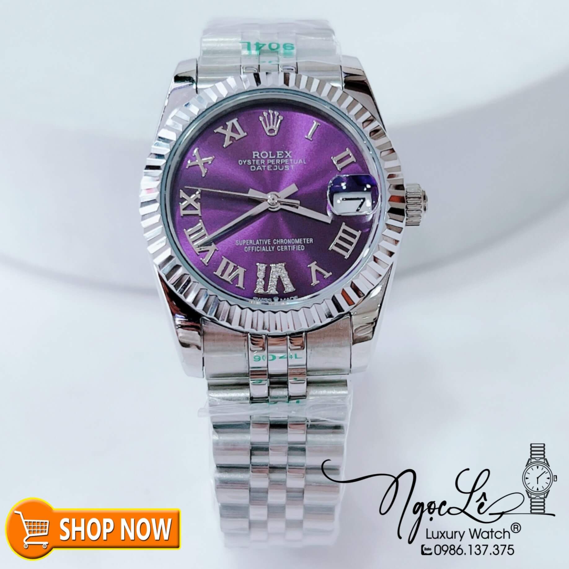 Đồng Hồ Rolex Datejust Nữ Máy Cơ Tự Động Bạc Mặt Tím Số La Mã Size 31mm