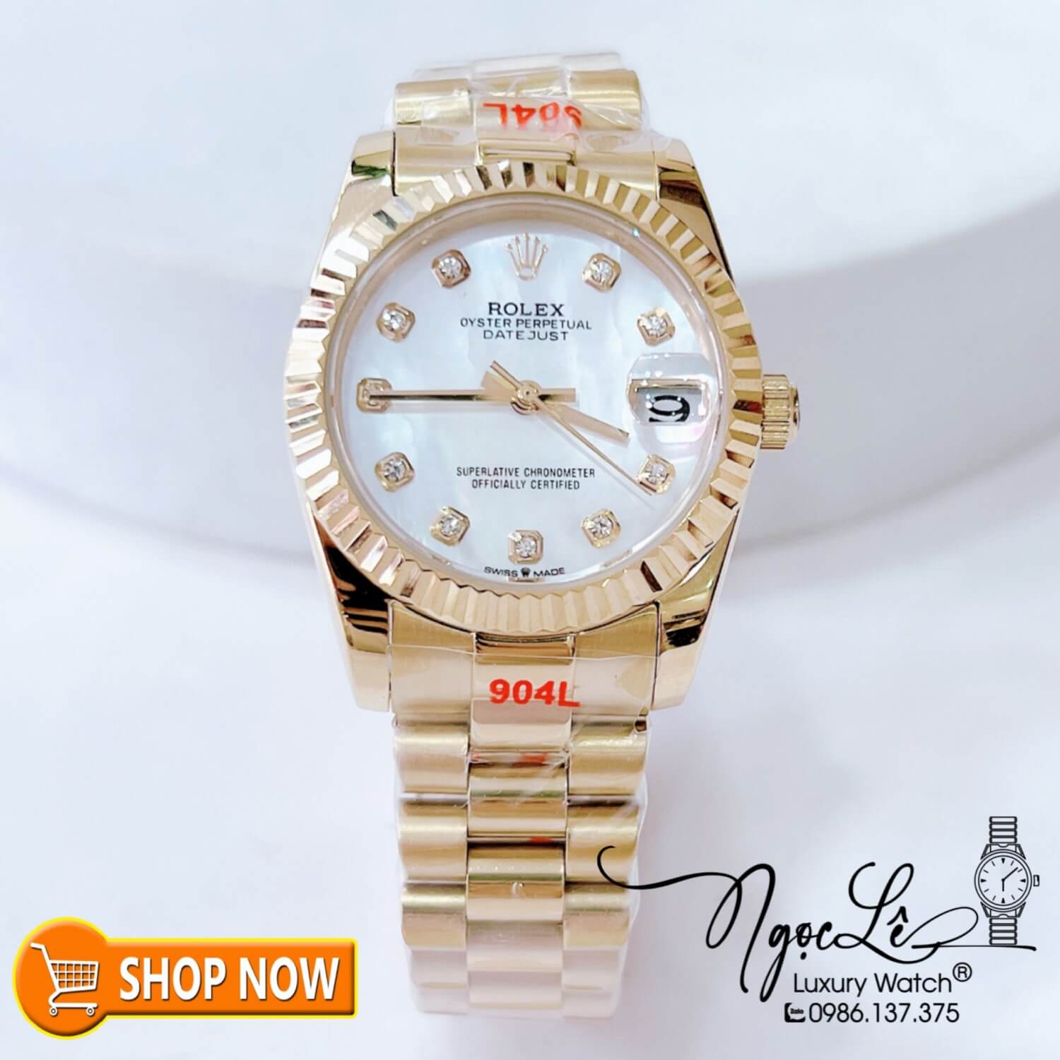 Đồng Hồ Rolex Datejust Nữ Máy Cơ Tự Động Dây Vàng Mặt Trắng Xà Cừ Size 31mm