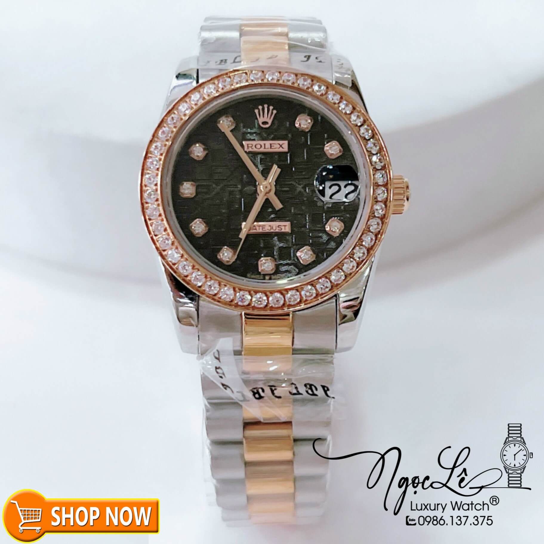 Đồng Hồ Rolex Datejust Nữ Máy Cơ Tự Động Demi Rose Mặt Đen Vi Tính Đính Đá Size 31mm