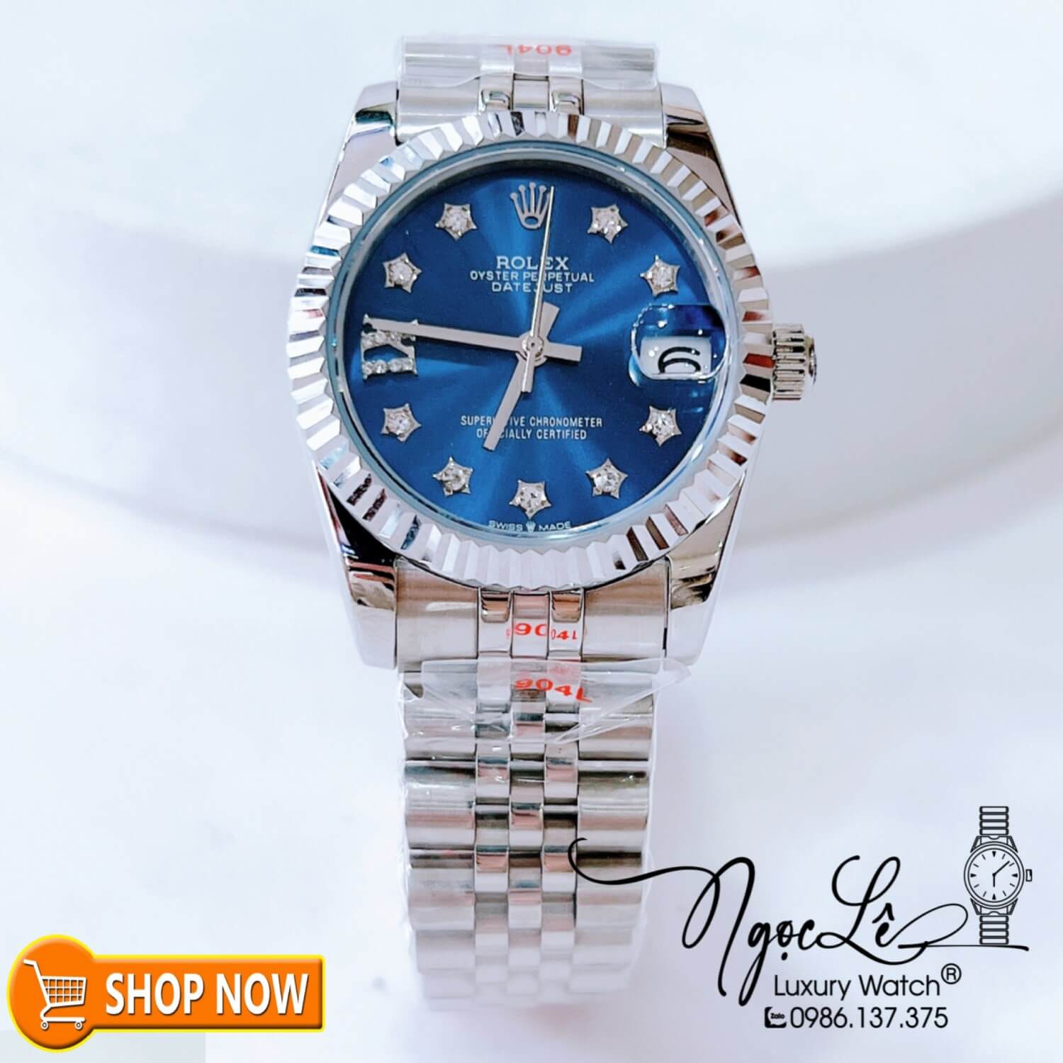 Đồng Hồ Rolex Datejust Nữ Máy Cơ Tự Động Dây Bạc Mặt Xanh Đính Đá Ngôi Sao Size 31mm