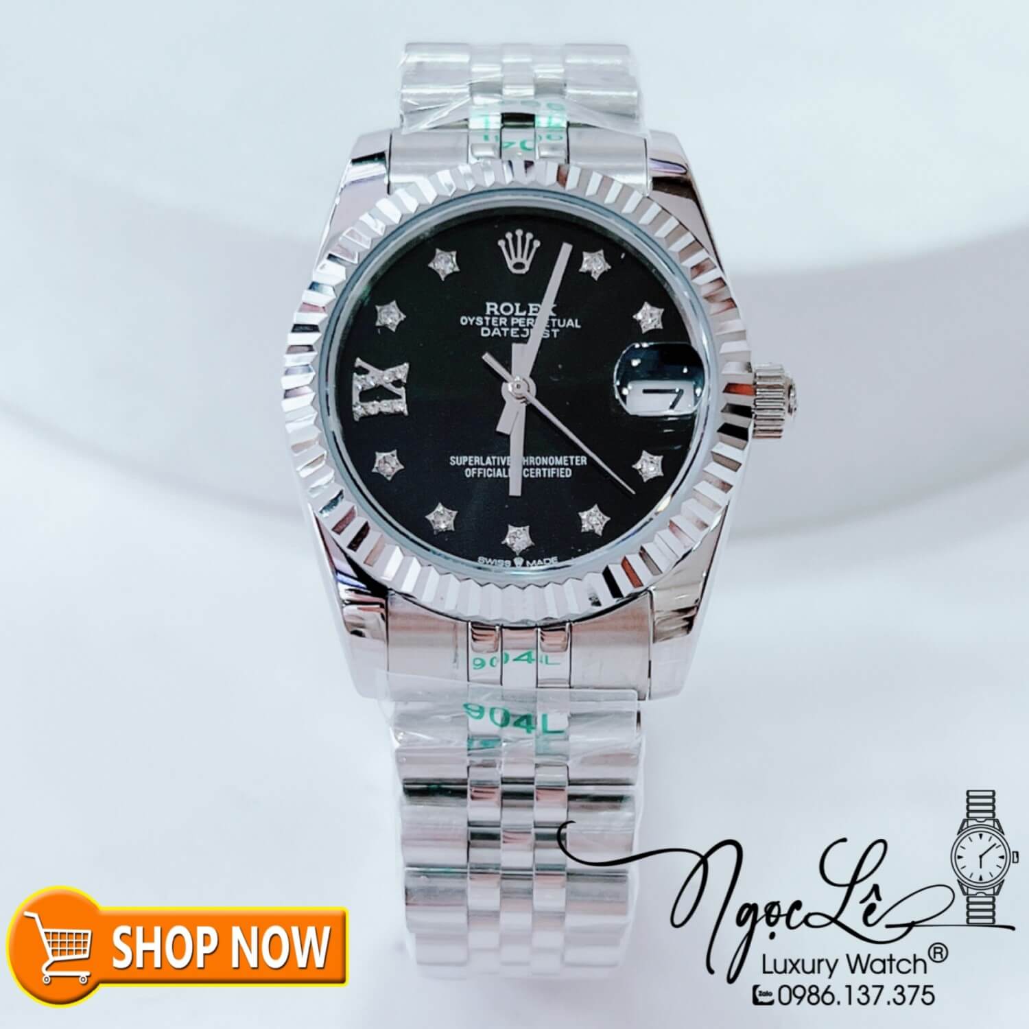 Đồng Hồ Rolex Datejust Nữ Máy Cơ Tự Động Dây Bạc Mặt Đen Đính Đá Ngôi Sao Size 31mm