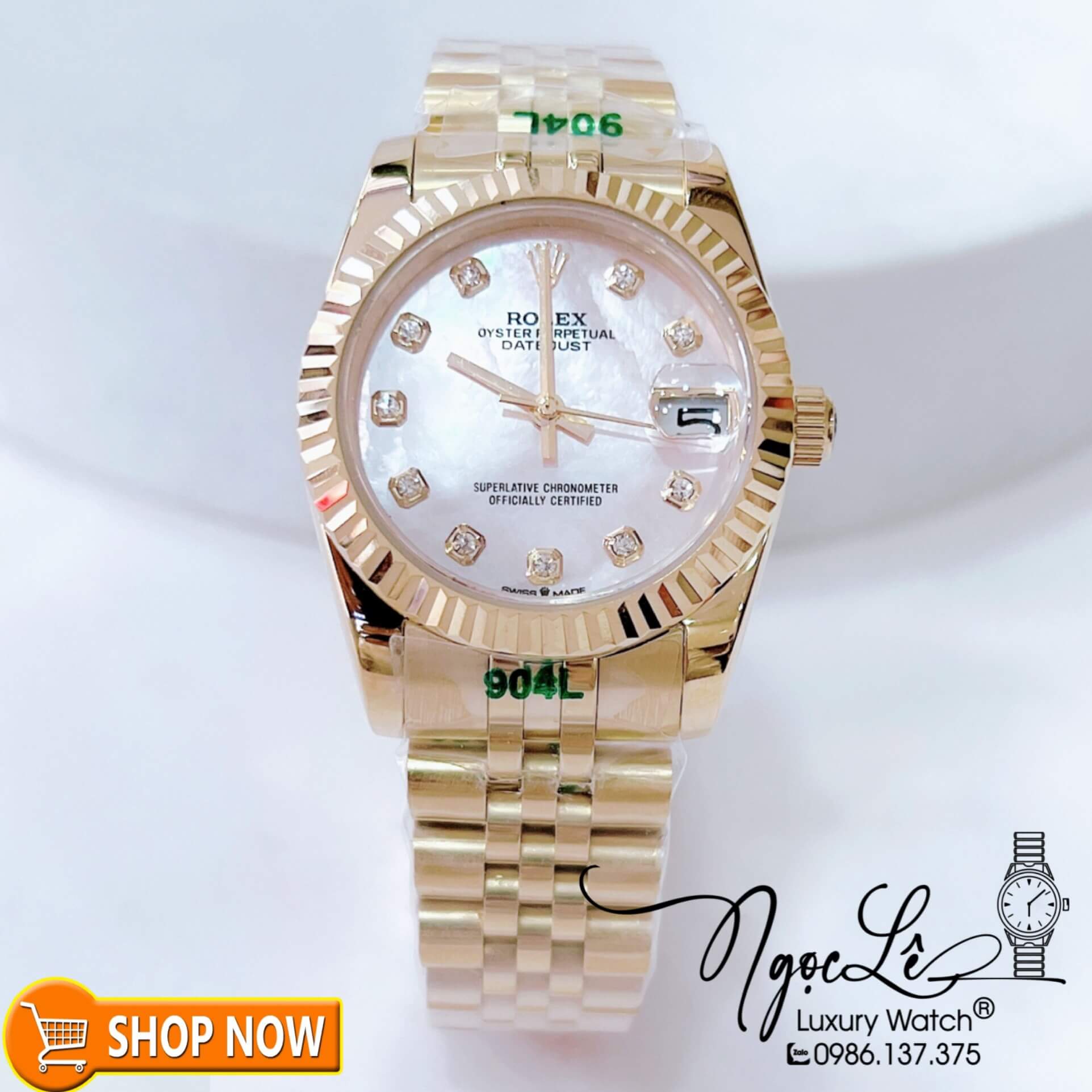 Đồng Hồ Rolex Datejust Nữ Máy Cơ Tự Động Dây Vàng Mặt Trắng Xà Cừ Size 31mm