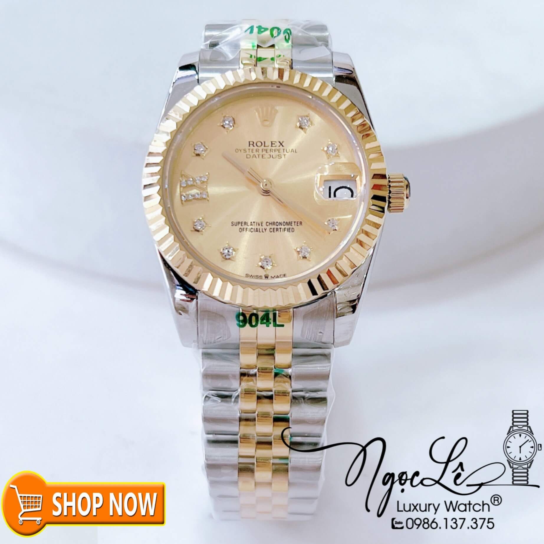 Đồng Hồ Rolex Datejust Nữ Máy Cơ Tự Động Dây Demi Mặt Vàng Đính Đá Ngôi Sao Size 31mm