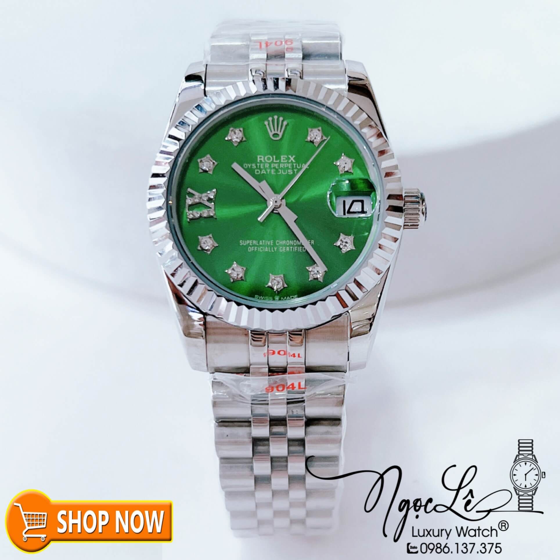 Đồng Hồ Rolex Datejust Nữ Máy Cơ Tự Động Dây Bạc Mặt Xanh Lá Đính Đá Ngôi Sao Size 31mm