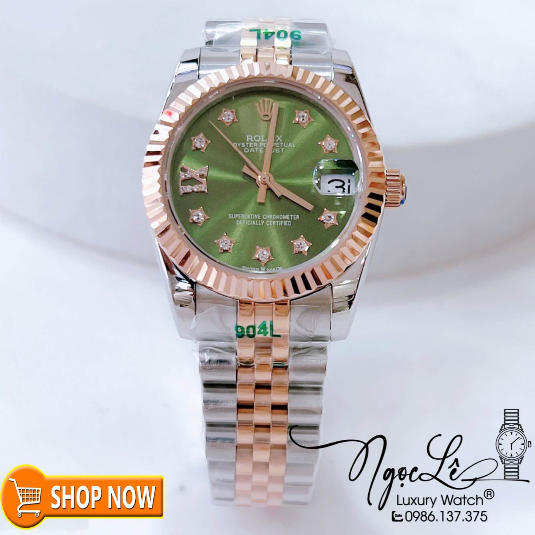 Đồng Hồ Rolex Datejust Nữ Máy Cơ Tự Động Dây Demi Mặt Xanh Rêu Đính Đá Ngôi Sao Size 31mm