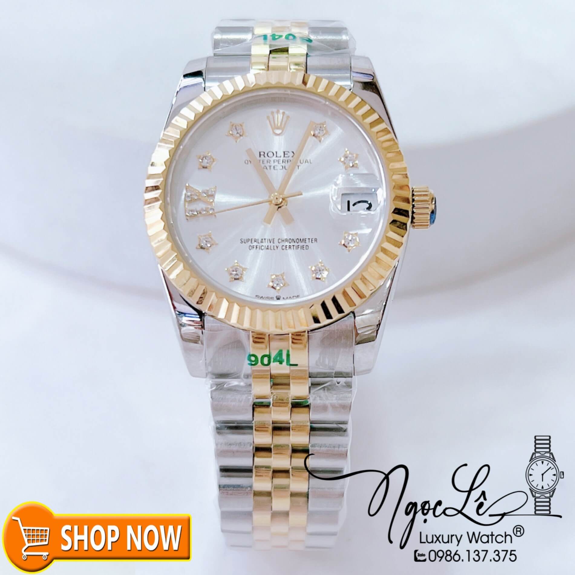 Đồng Hồ Rolex Datejust Nữ Máy Cơ Tự Động Dây Demi Mặt Trắng Đính Đá Ngôi Sao Size 31mm