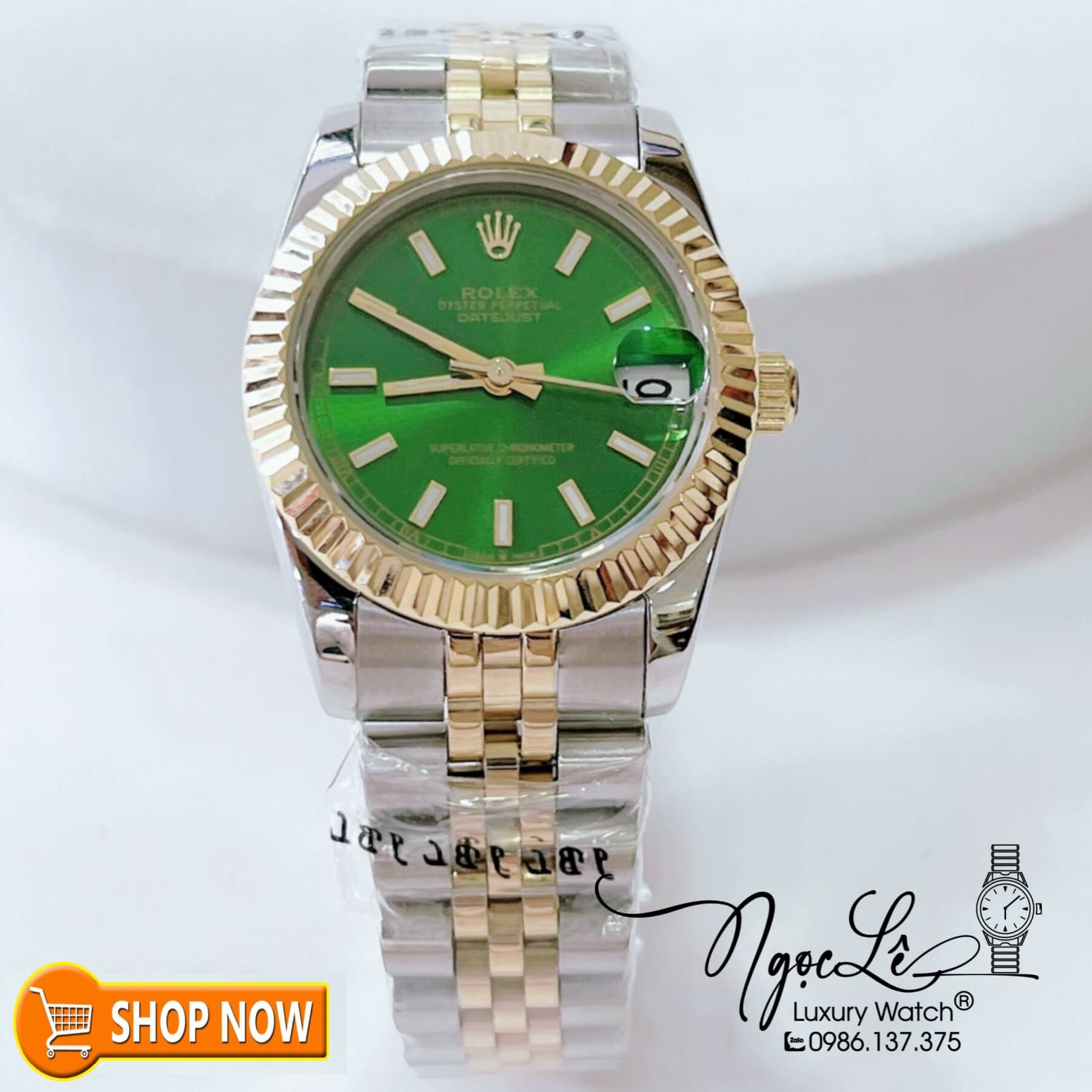 Đồng Hồ Rolex Datejust Nữ Máy Cơ Tự Động Demi Vàng Mặt Xanh Lá Size 31mm