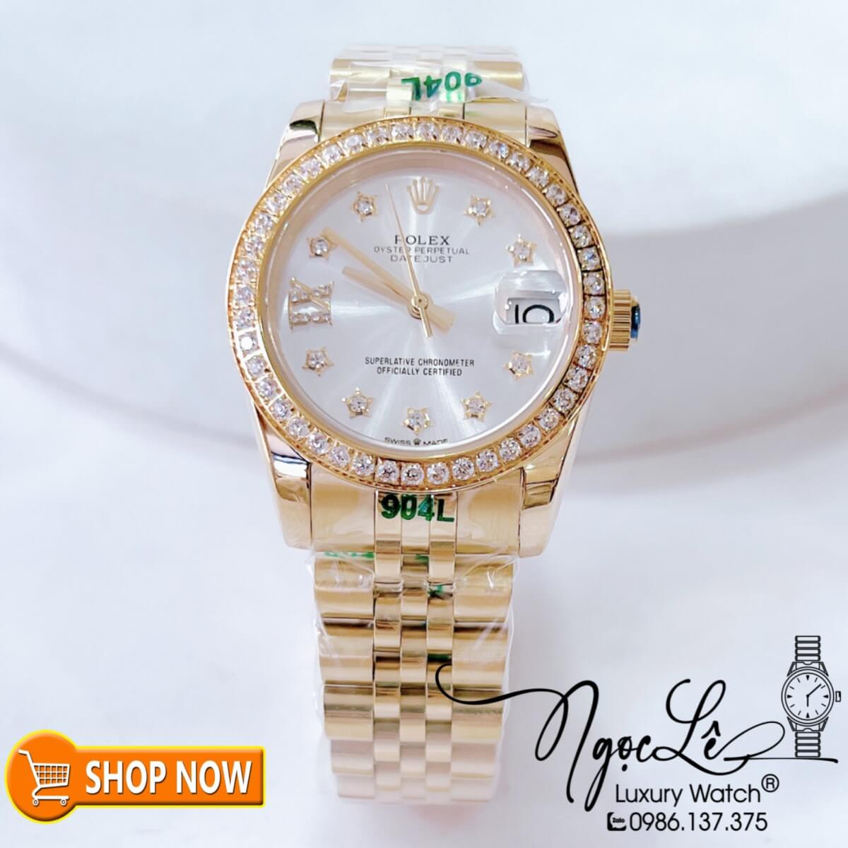 Đồng Hồ Rolex Datejust Nữ Máy Cơ Tự Động Vàng Mặt Trắng Đính Đá Ngôi Sao Size 31mm