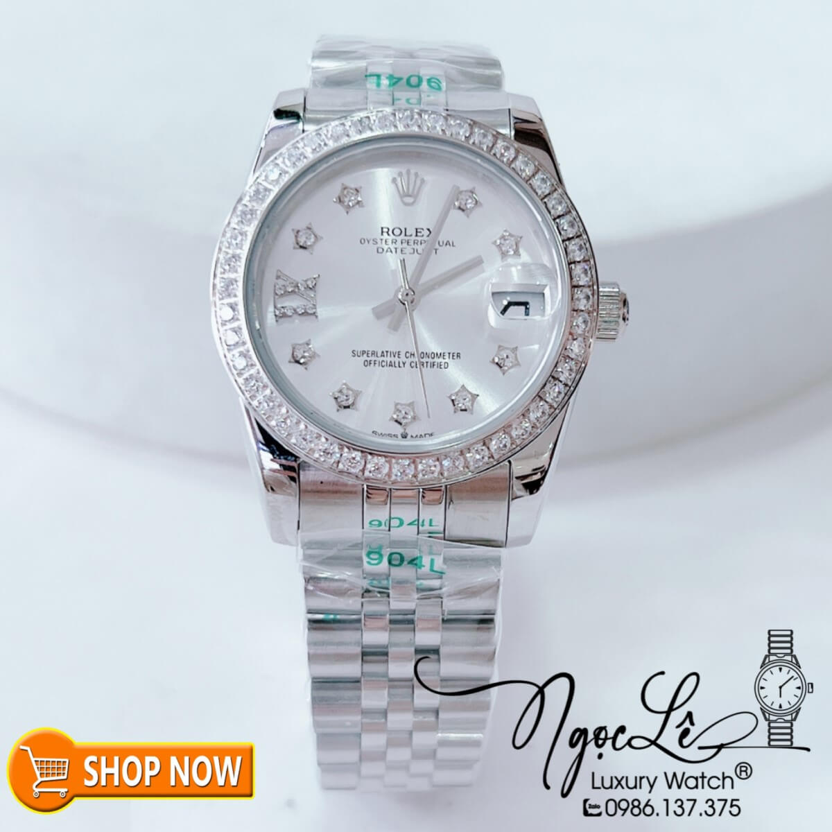 Đồng Hồ Rolex Datejust Nữ Máy Cơ Tự Động Bạc Mặt Trắng Đính Đá Ngôi Sao Size 31mm