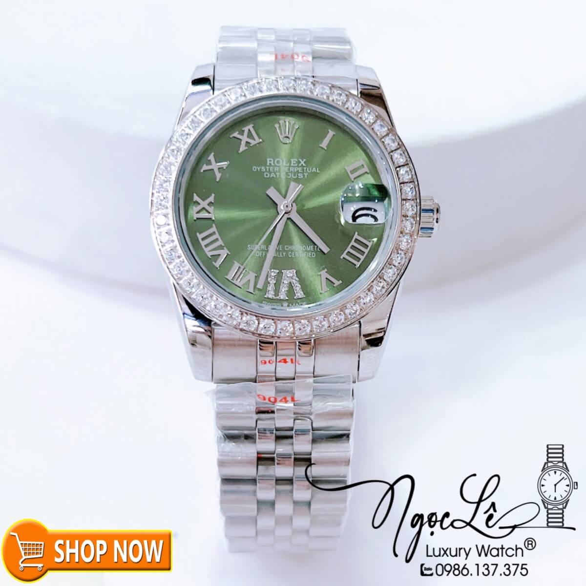 Đồng Hồ Rolex Datejust Nữ Máy Cơ Tự Động Bạc Mặt Xanh Rêu Số La Mã Size 31mm