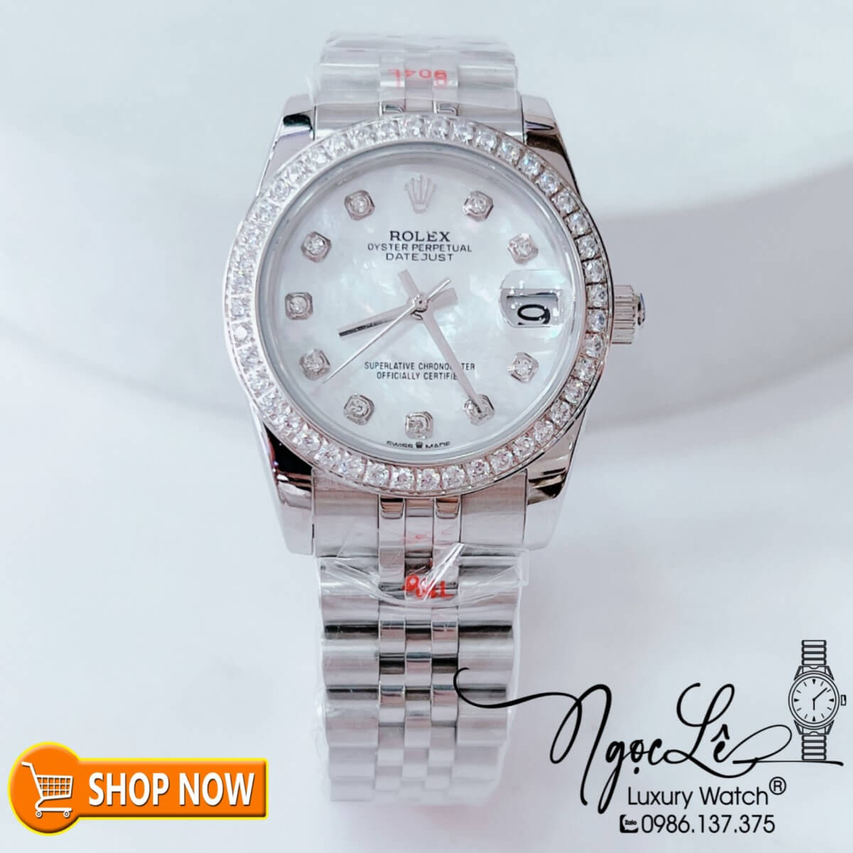 Đồng Hồ Rolex Datejust Nữ Máy Cơ Tự Động Bạc Mặt Trắng Xà Cừ Đính Đá Size 31mm