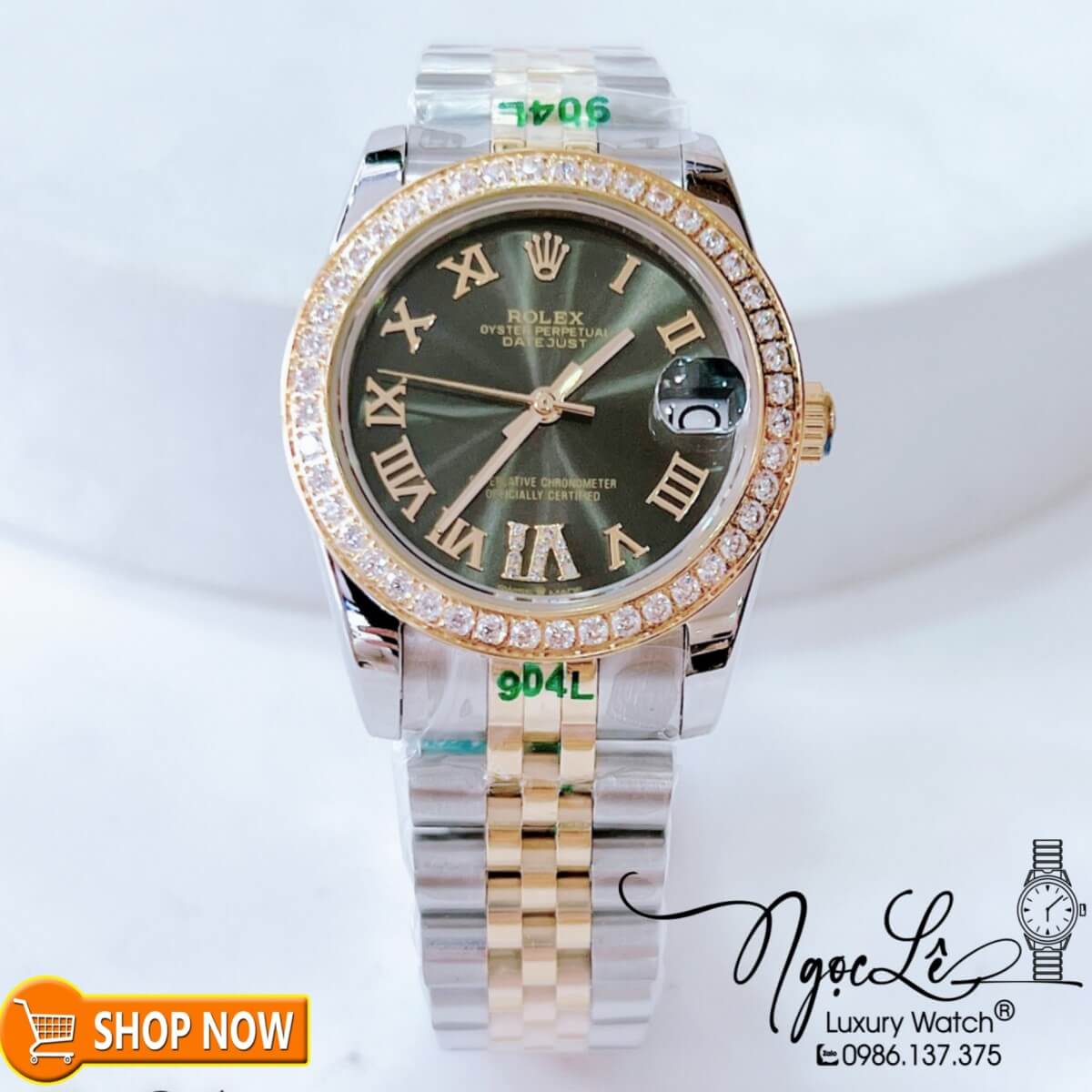 Đồng Hồ Rolex Datejust Nữ Máy Cơ Tự Động Demi Vàng Mặt Xám Rêu Số La Mã Size 31mm