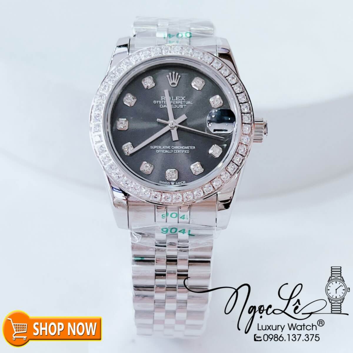 Đồng Hồ Rolex Datejust Nữ Máy Cơ Tự Động Bạc Mặt Xám Đen Đính Đá Size 31mm