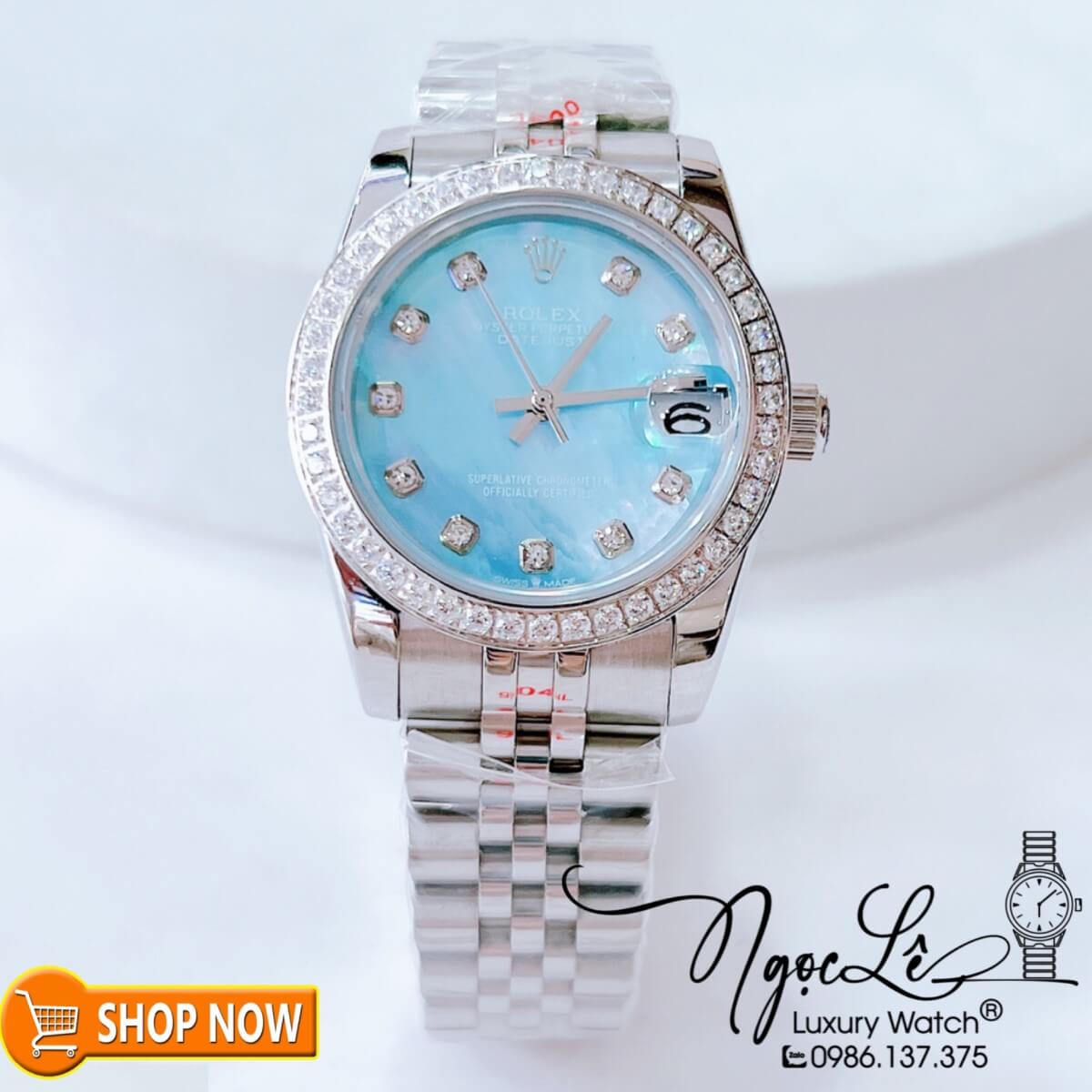 Đồng Hồ Rolex Datejust Nữ Máy Cơ Tự Động Bạc Mặt Xanh Xà Cừ Đính Đá Size 31mm