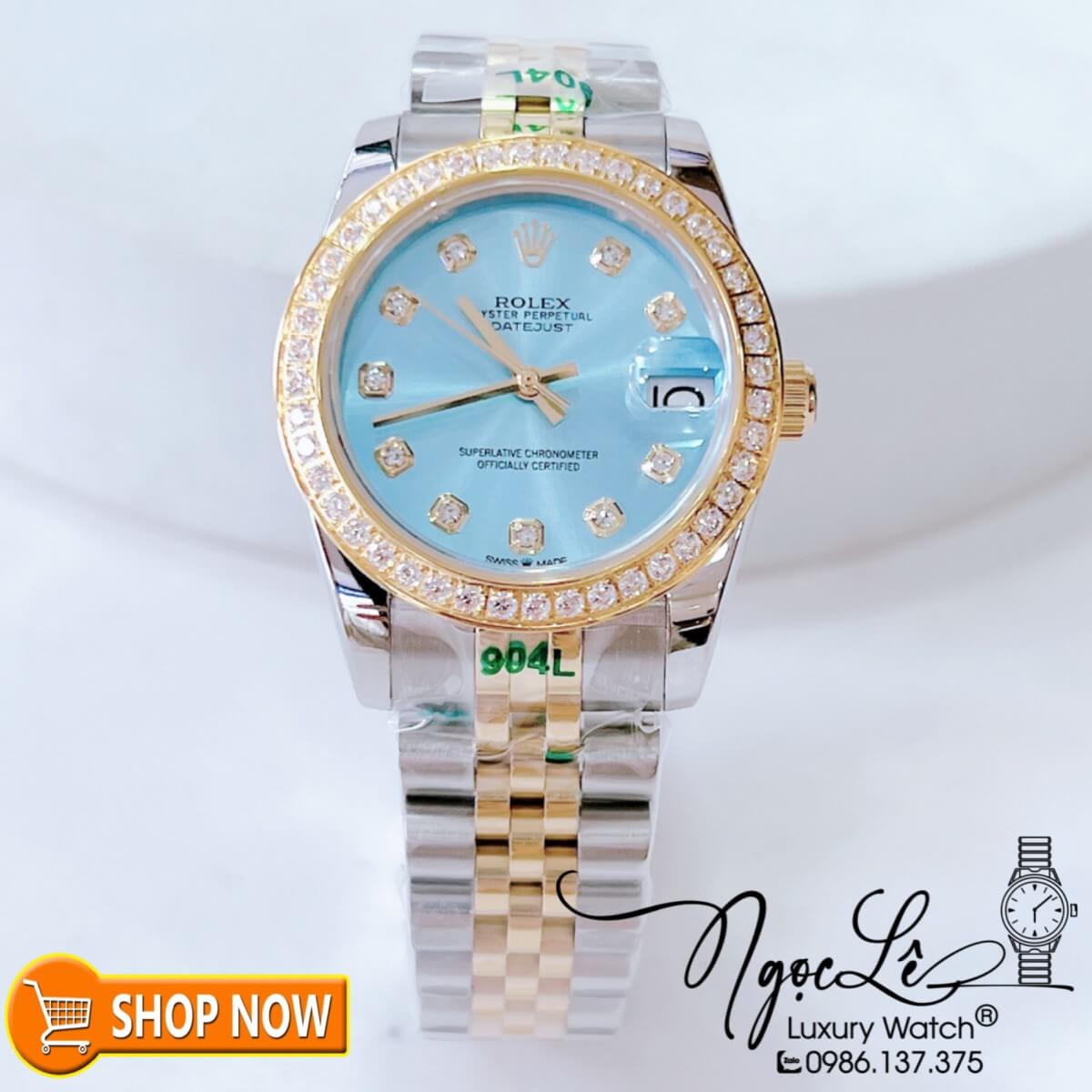 Đồng Hồ Rolex Datejust Nữ Máy Cơ Tự Động Demi Vàng Mặt Xanh Đính Đá Size 31mm