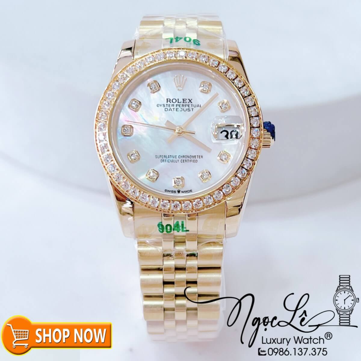 Đồng Hồ Rolex Datejust Nữ Máy Cơ Tự Động Vàng Mặt Trắng Xà Cừ Đính Đá Size 31mm