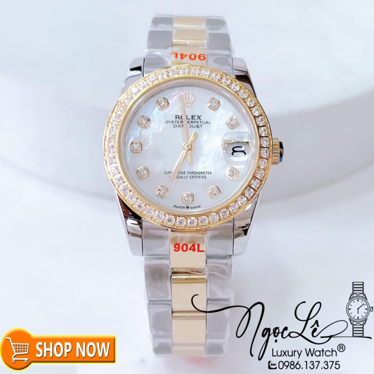 Đồng Hồ Rolex Datejust Nữ Máy Cơ Tự Động Demi Vàng Mặt Trắng Xà Cừ Đính Đá Size 31mm