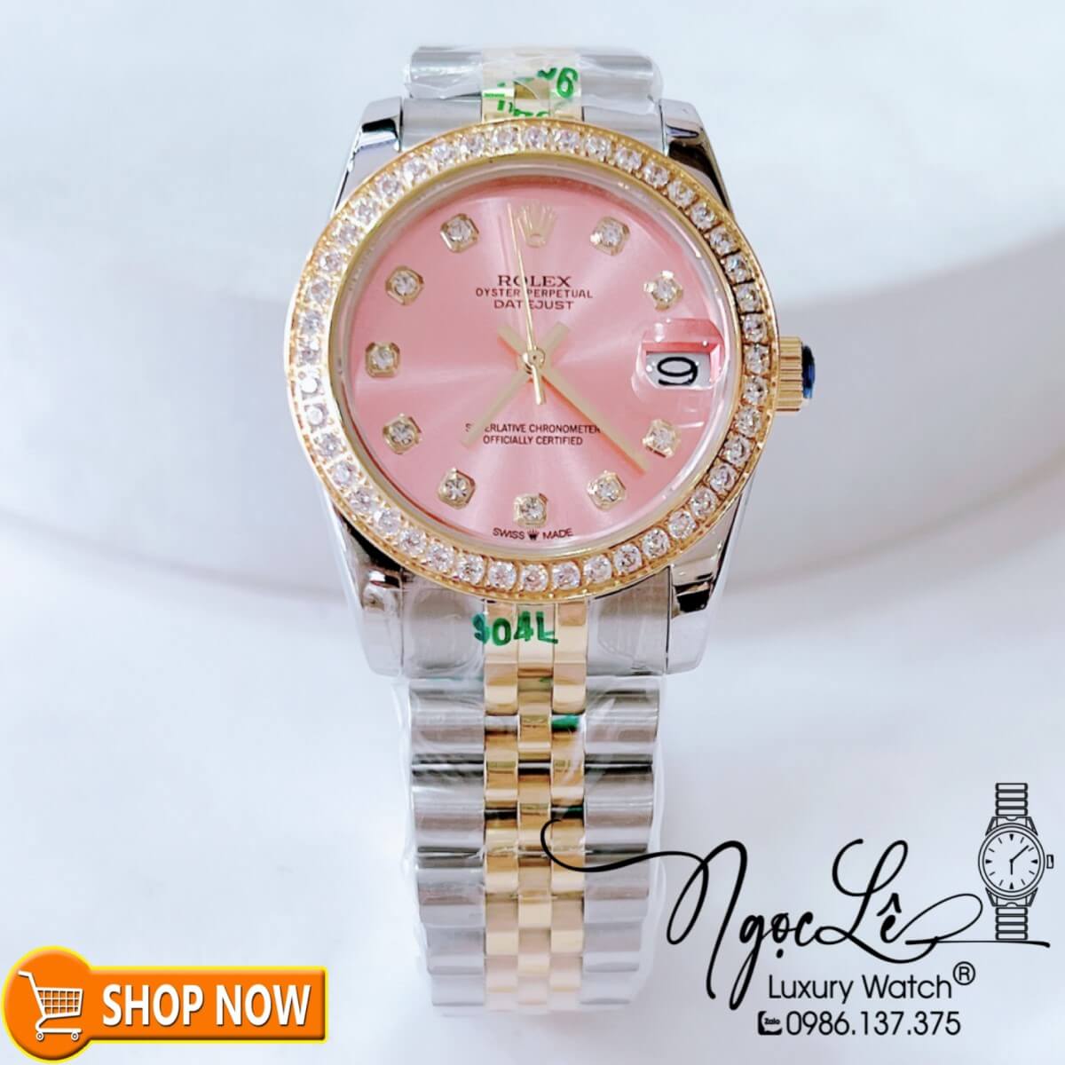 Đồng Hồ Rolex Datejust Nữ Máy Cơ Tự Động Demi Vàng Mặt Hồng Đính Đá Size 31mm