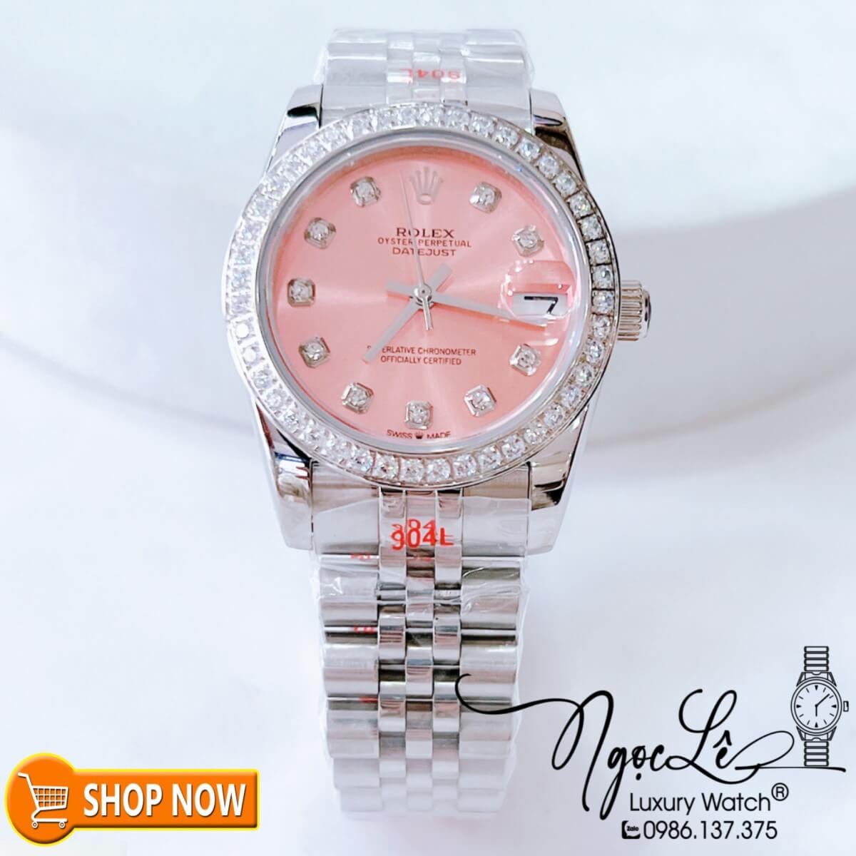 Đồng Hồ Rolex Datejust Nữ Máy Cơ Tự Động Dây Bạc Mặt Hồng Đính Đá Size 31mm