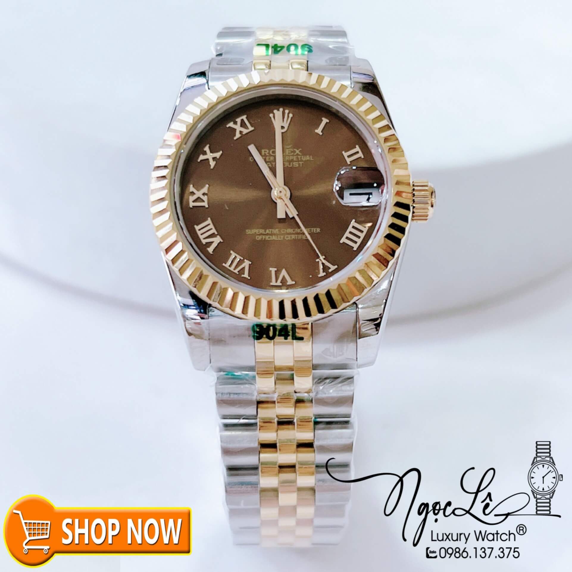 Đồng Hồ Rolex Datejust Nữ Máy Cơ Tự Động Demi Vàng Mặt Nâu Số La Mã Size 31mm