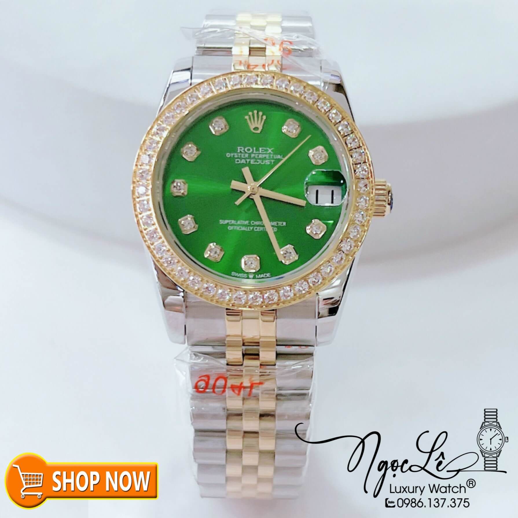 Đồng Hồ Rolex Datejust Nữ Máy Cơ Tự Động Demi Vàng Mặt Xanh Lá Đính Đá Size 31mm