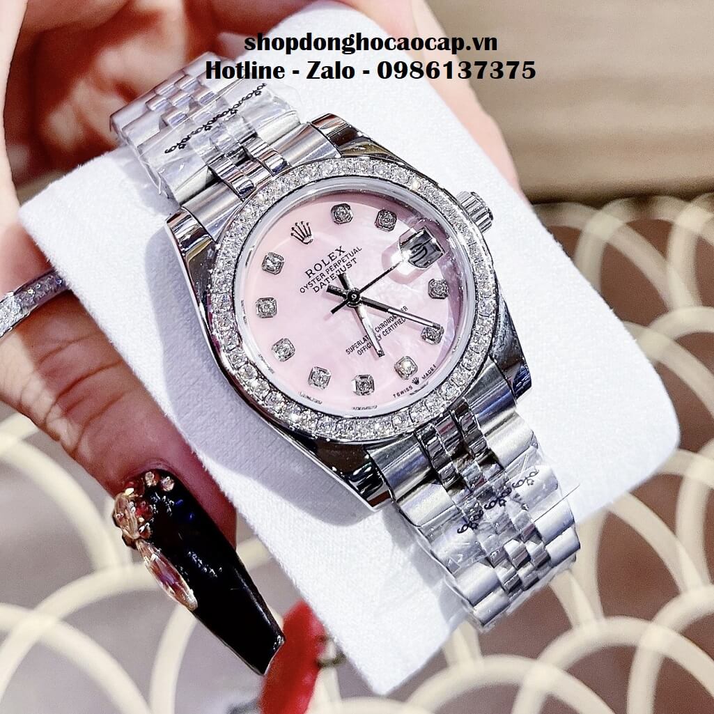 Đồng Hồ Rolex Datejust Nữ Dây Bạc Mặt Hồng Xà Cừ Viền Đá 32mm