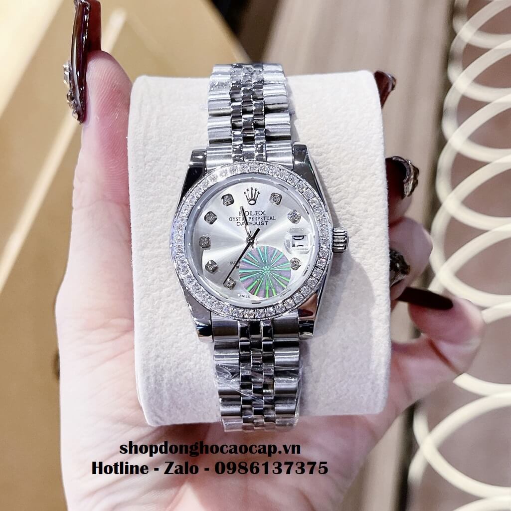 Đồng Hồ Rolex Datejust Nữ Dây Bạc Mặt Trắng Sữa Viền Đá 32mm