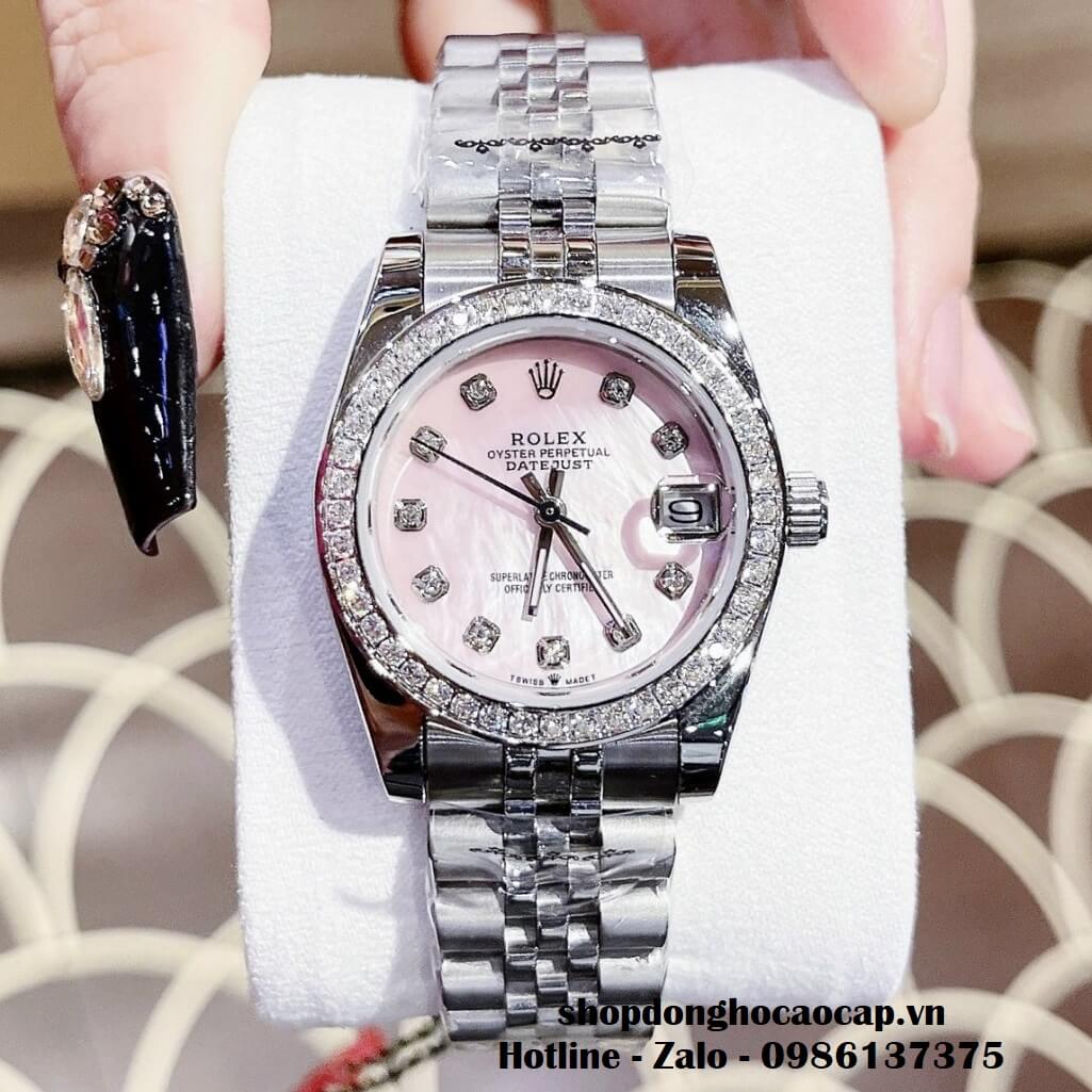 Đồng Hồ Rolex Datejust Nữ Dây Bạc Mặt Hồng Xà Cừ Viền Đá 32mm