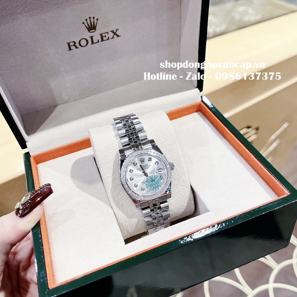 Đồng Hồ Rolex Datejust Nữ Dây Bạc Mặt Trắng Sữa Viền Đá 32mm