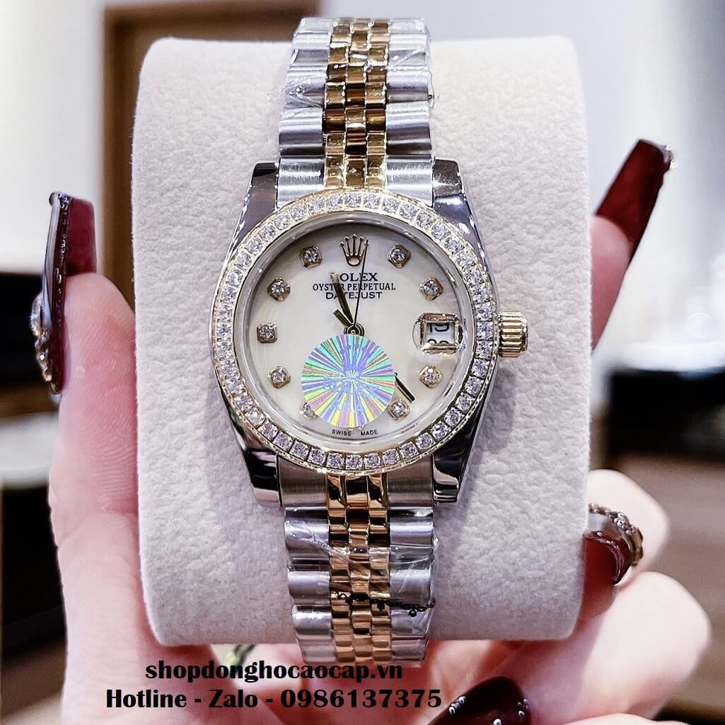 Đồng Hồ Rolex Datejust Nữ Dây Demi Mặt Vàng Xà Cừ Viền Đá 32mm