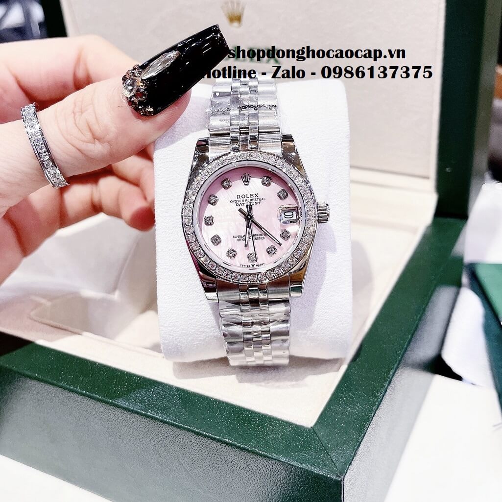 Đồng Hồ Rolex Datejust Nữ Dây Bạc Mặt Hồng Xà Cừ Viền Đá 32mm