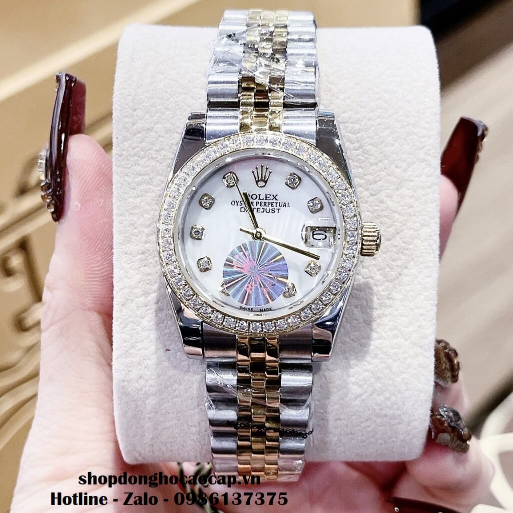 Đồng Hồ Rolex Datejust Nữ Dây Demi Vàng Mặt Xà Cừ Viền Đá 32mm