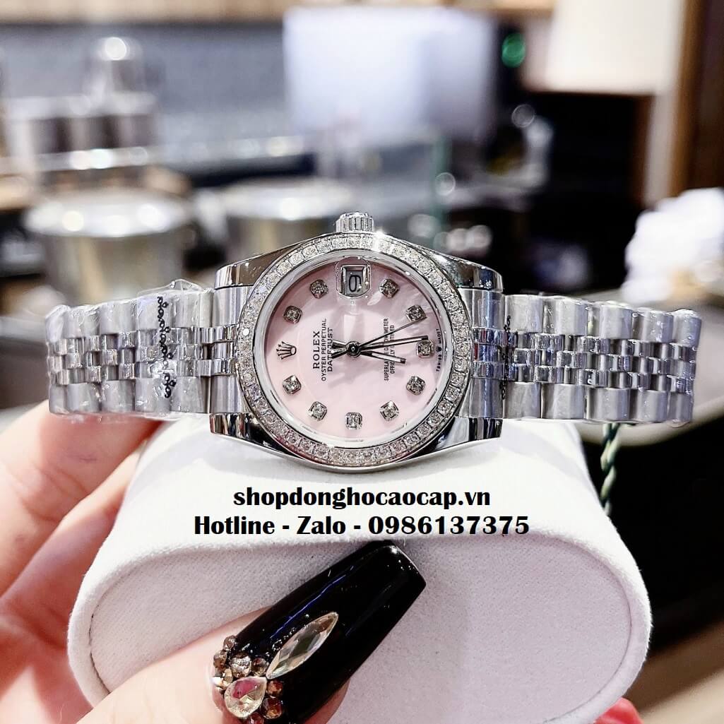 Đồng Hồ Rolex Datejust Nữ Dây Bạc Mặt Hồng Xà Cừ Viền Đá 32mm