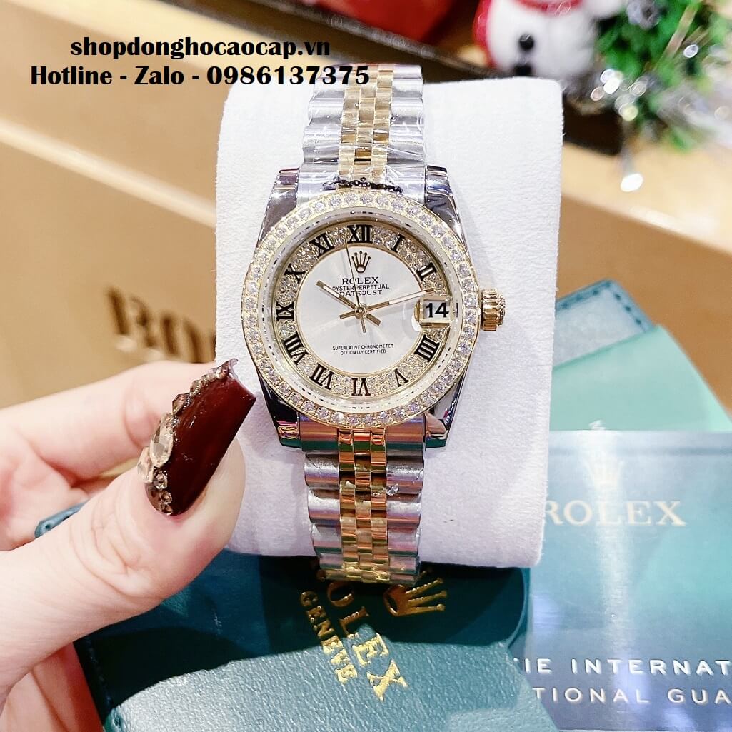 Đồng Hồ Rolex Datejust Nữ Dây Demi Vàng Mặt Số La Mã Viền Đá 32mm