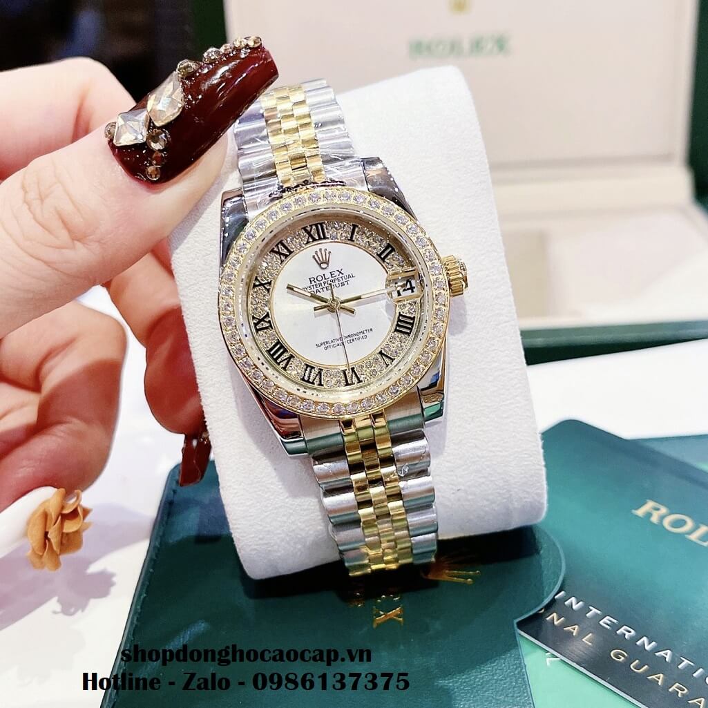 Đồng Hồ Rolex Datejust Nữ Dây Demi Vàng Mặt Số La Mã Viền Đá 32mm