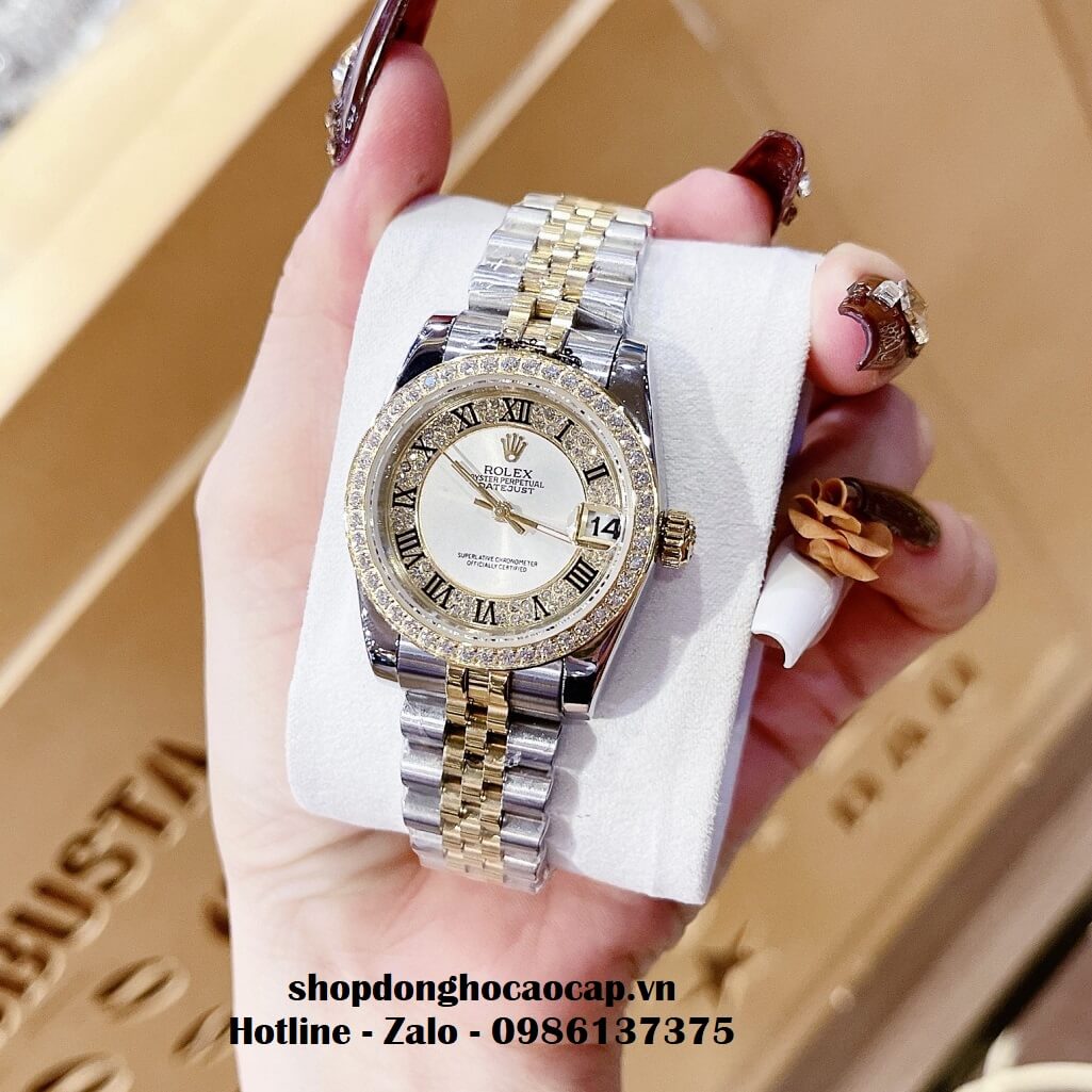 Đồng Hồ Rolex Datejust Nữ Dây Demi Vàng Mặt Số La Mã Viền Đá 32mm