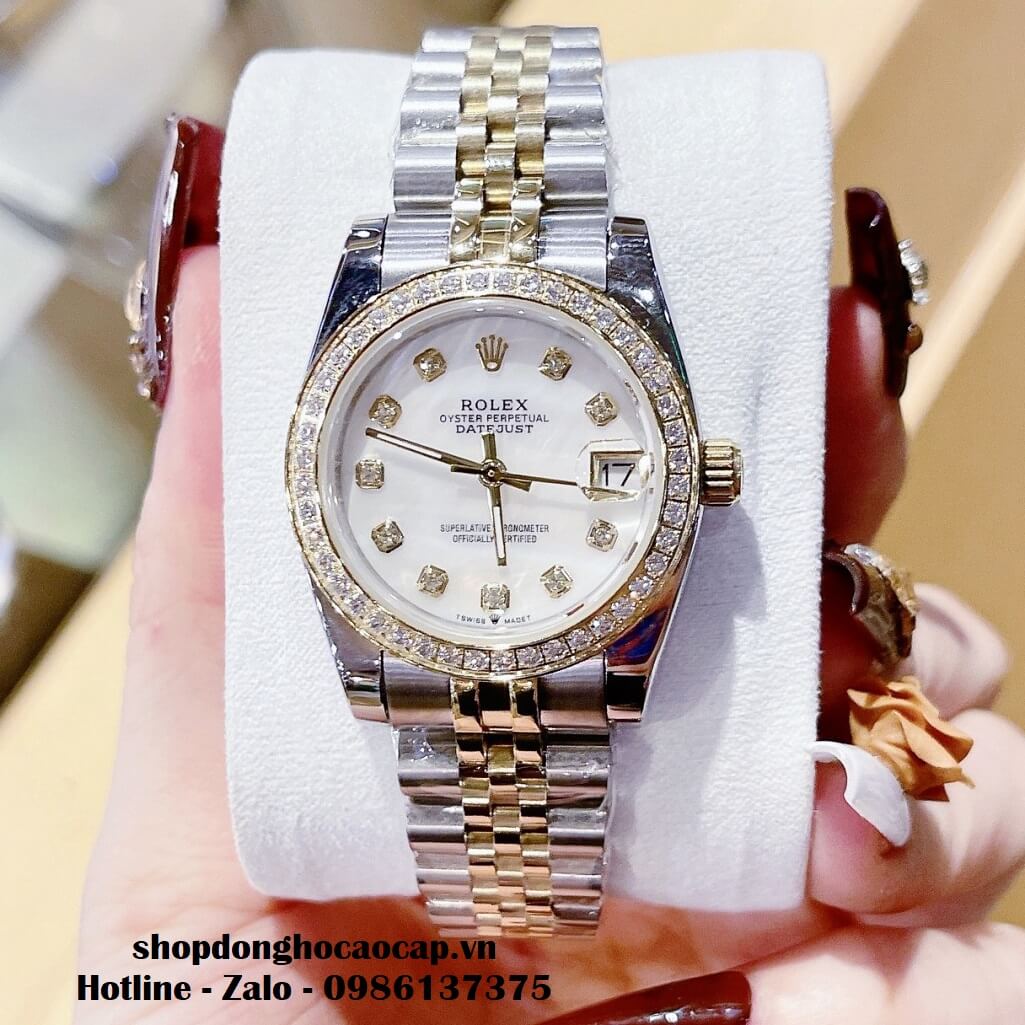 Đồng Hồ Rolex Datejust Nữ Dây Demi Vàng Mặt Xà Cừ Viền Đá 32mm