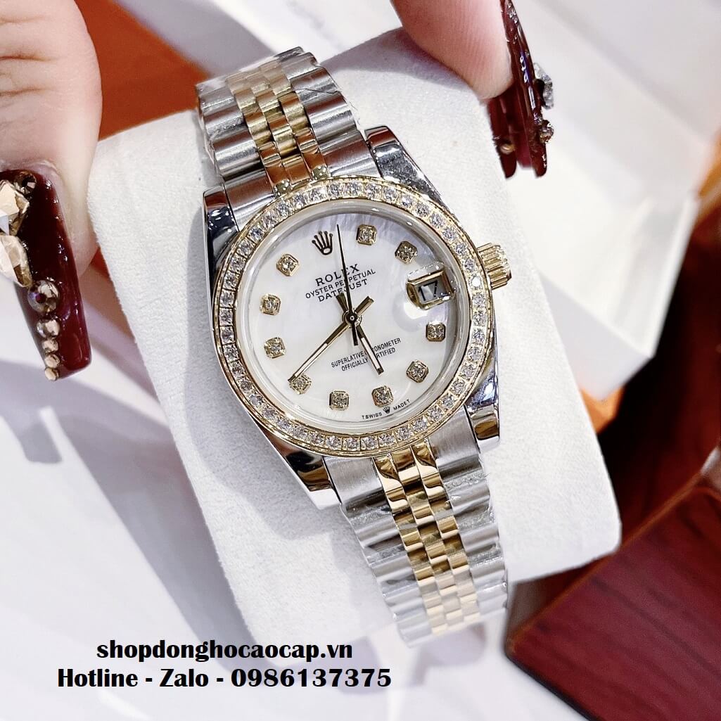 Đồng Hồ Rolex Datejust Nữ Dây Demi Vàng Mặt Xà Cừ Viền Đá 32mm