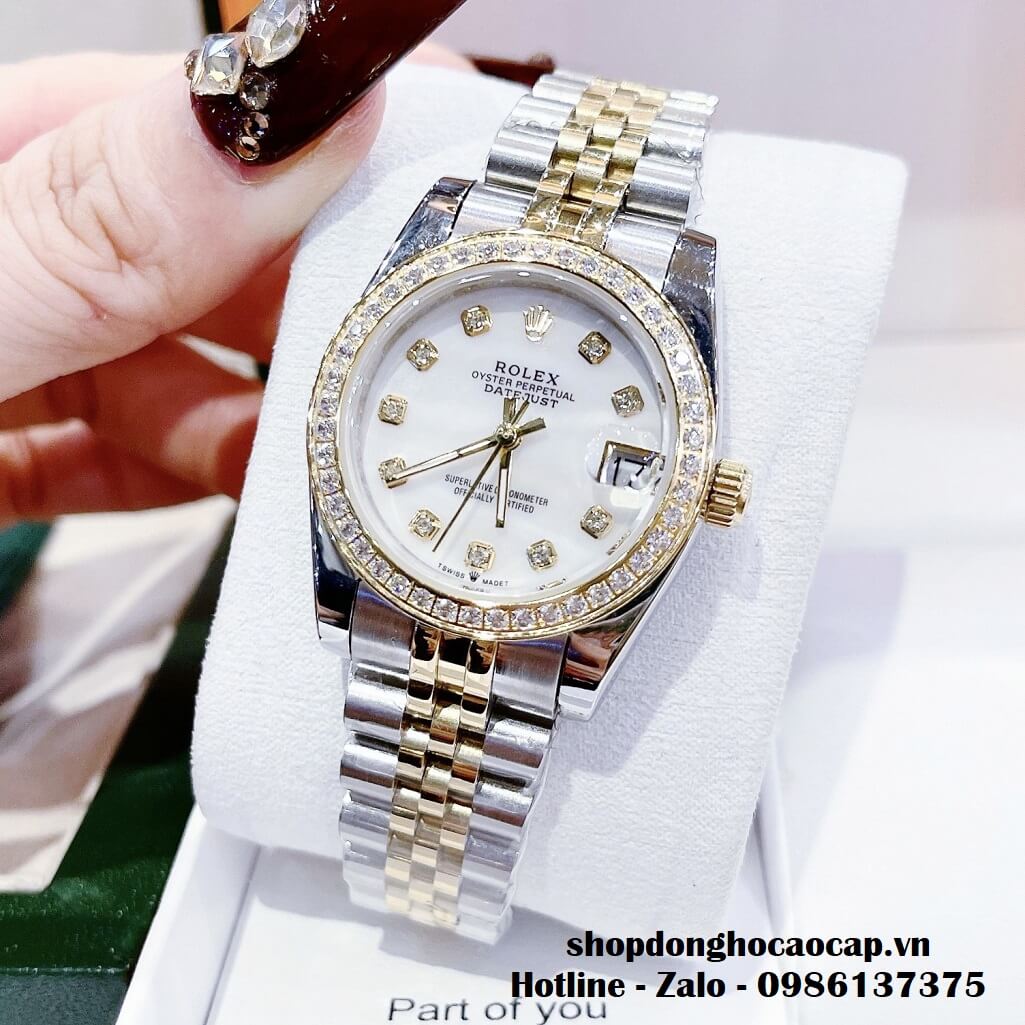 Đồng Hồ Rolex Datejust Nữ Dây Demi Vàng Mặt Xà Cừ Viền Đá 32mm