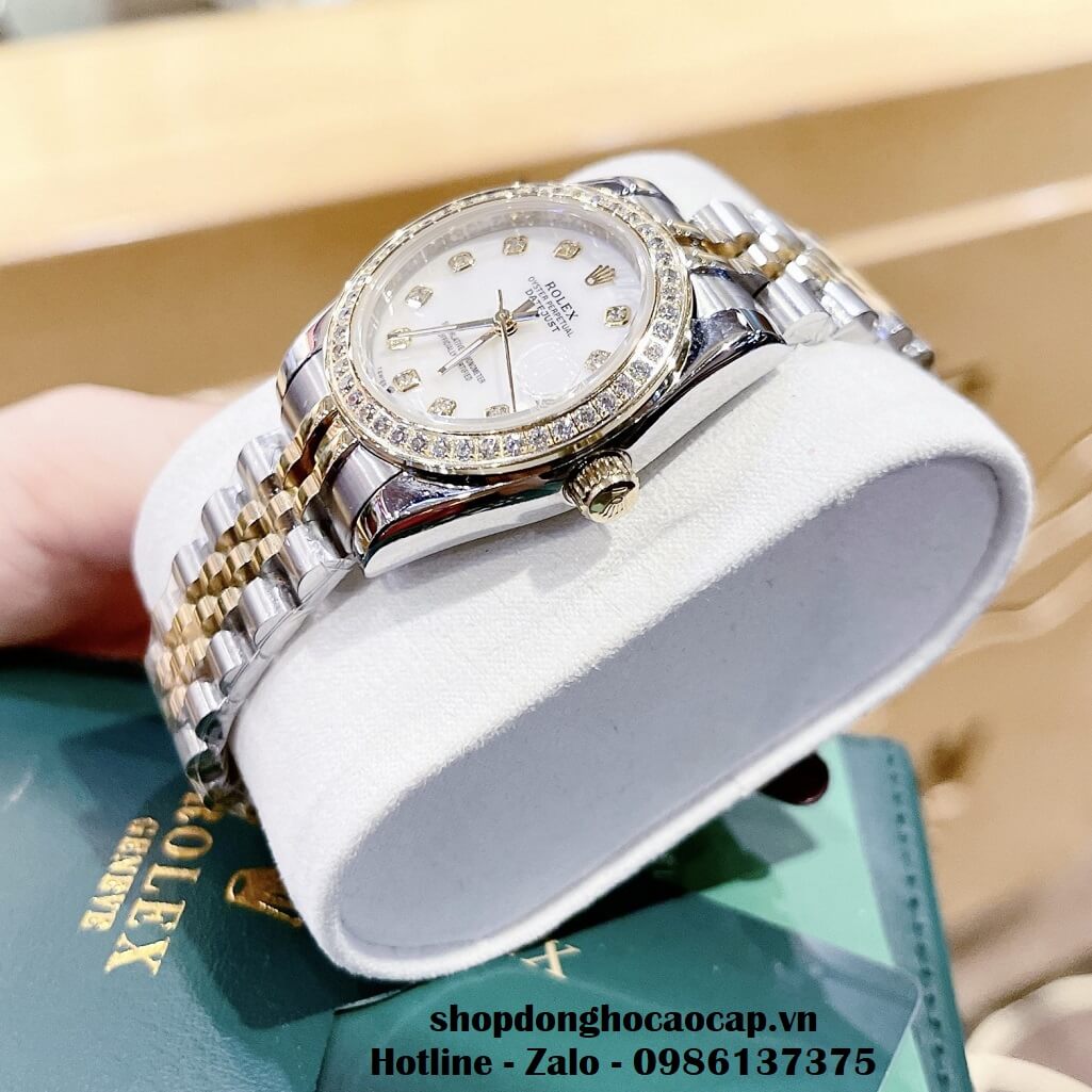 Đồng Hồ Rolex Datejust Nữ Dây Demi Vàng Mặt Xà Cừ Viền Đá 32mm