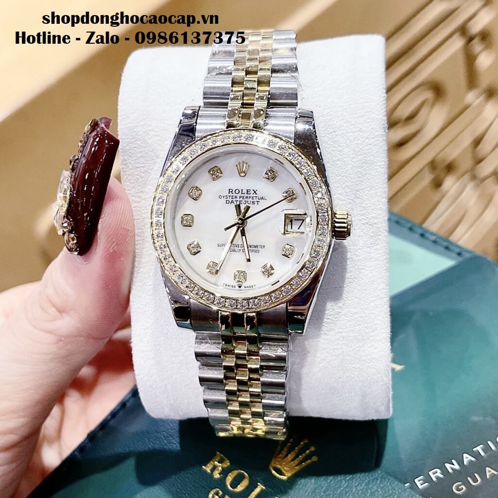 Đồng Hồ Rolex Datejust Nữ Dây Demi Vàng Mặt Xà Cừ Viền Đá 32mm