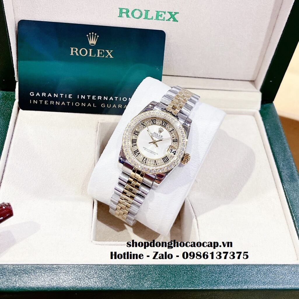 Đồng Hồ Rolex Datejust Nữ Dây Demi Vàng Mặt Số La Mã Viền Đá 32mm