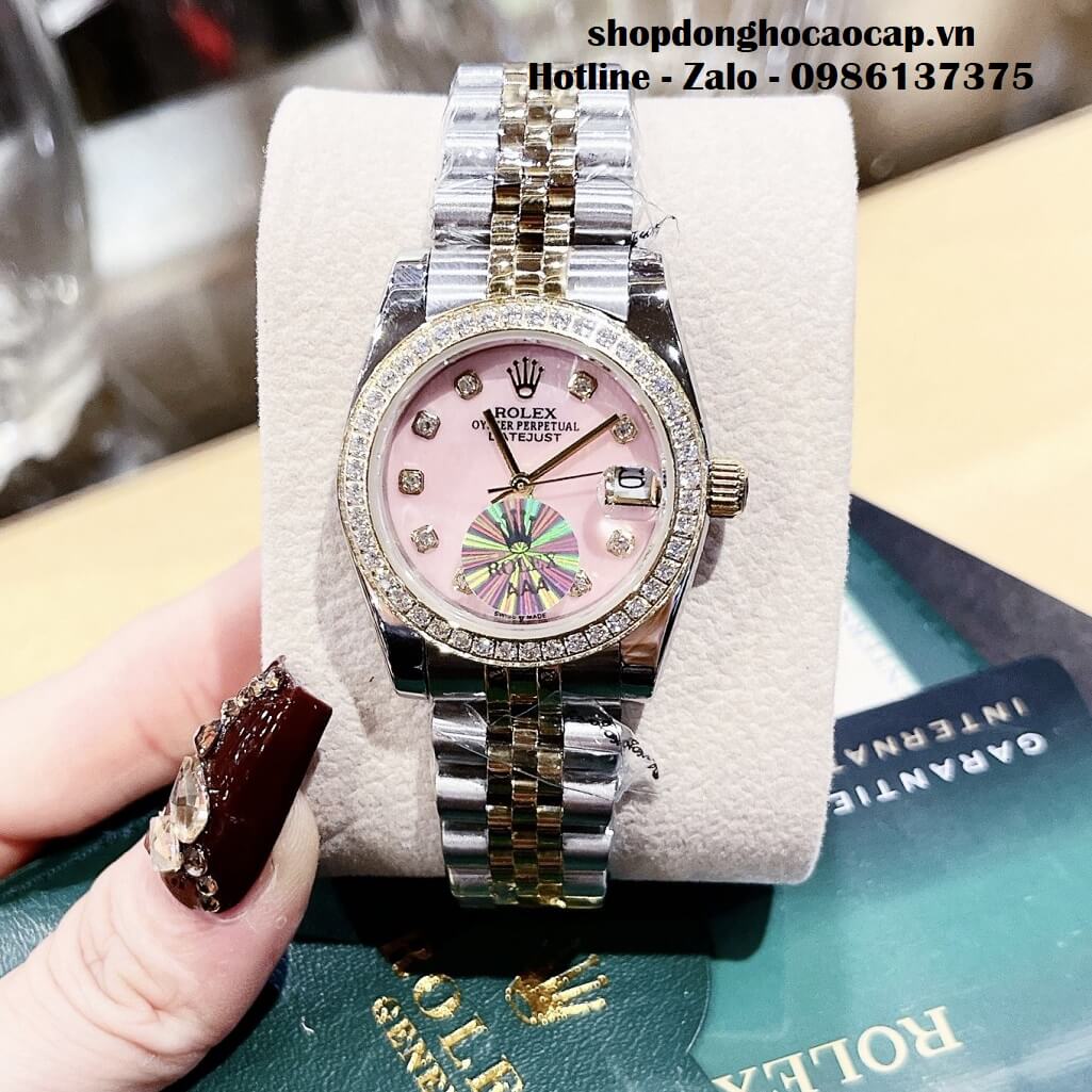 Đồng Hồ Rolex Datejust Nữ Dây Demi Vàng Mặt Hồng Xà Cừ Viền Đá 32mm