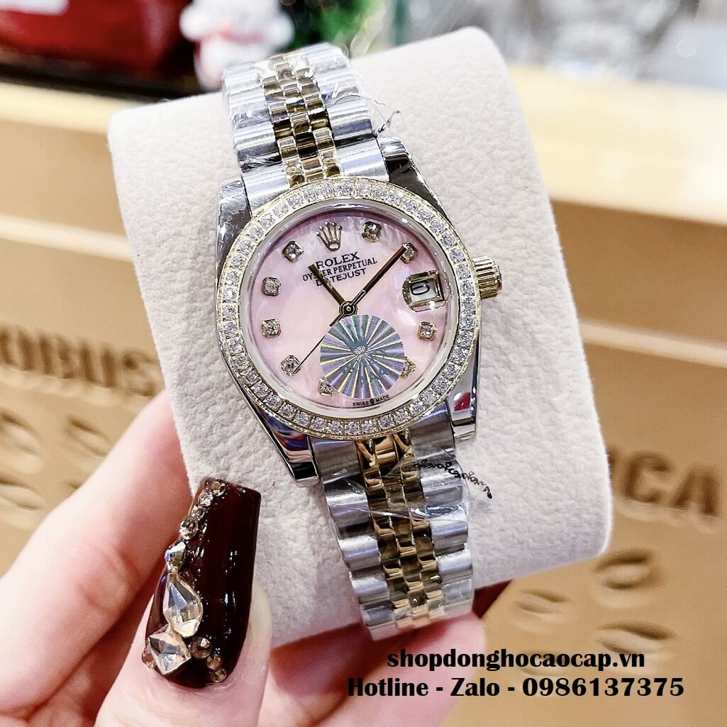 Đồng Hồ Rolex Datejust Nữ Dây Demi Vàng Mặt Hồng Xà Cừ Viền Đá 32mm