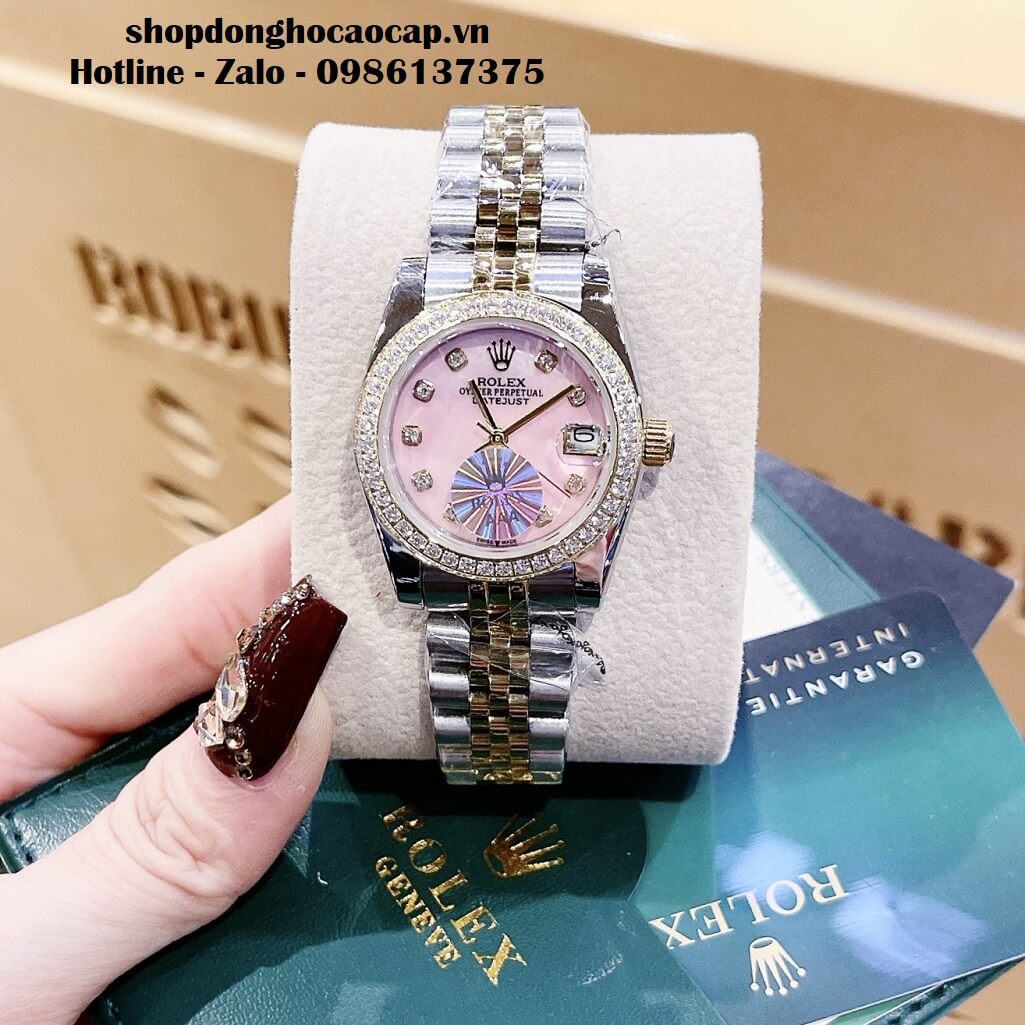 Đồng Hồ Rolex Datejust Nữ Dây Demi Vàng Mặt Hồng Xà Cừ Viền Đá 32mm