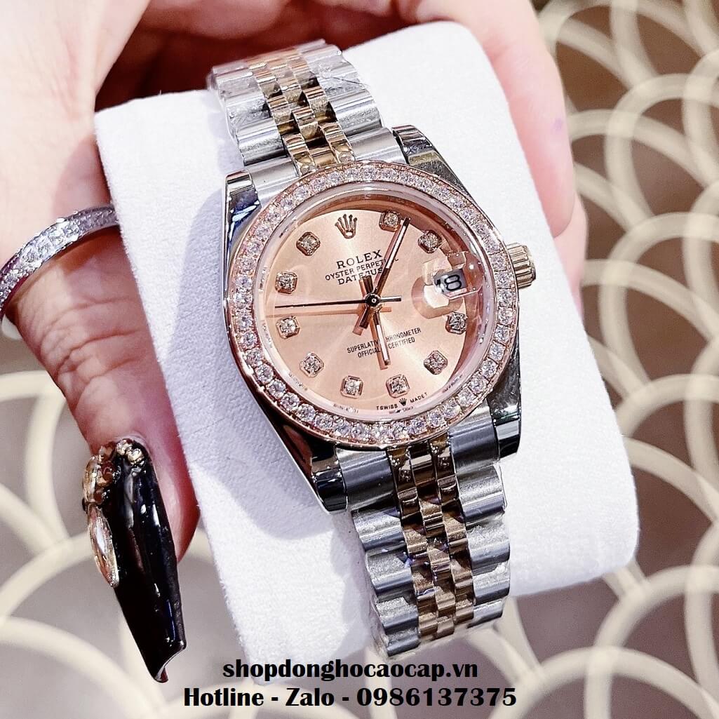 Đồng Hồ Rolex Datejust Nữ Dây Demi Rose Mặt Rose Viền Đá 32mm
