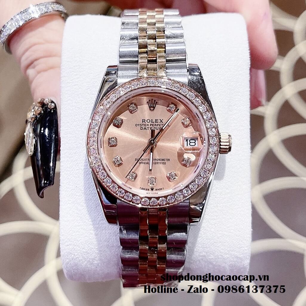 Đồng Hồ Rolex Datejust Nữ Dây Demi Rose Mặt Rose Viền Đá 32mm