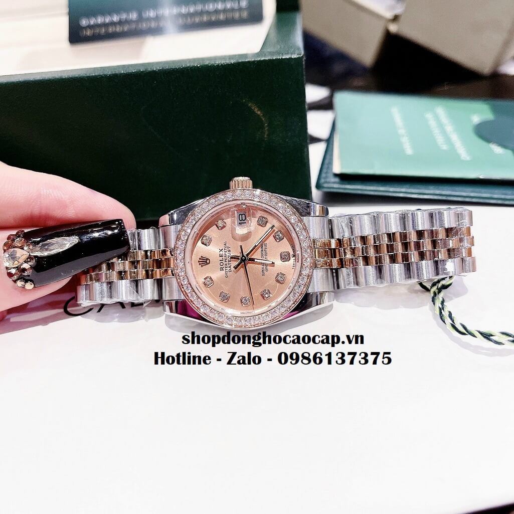 Đồng Hồ Rolex Datejust Nữ Dây Demi Rose Mặt Rose Viền Đá 32mm