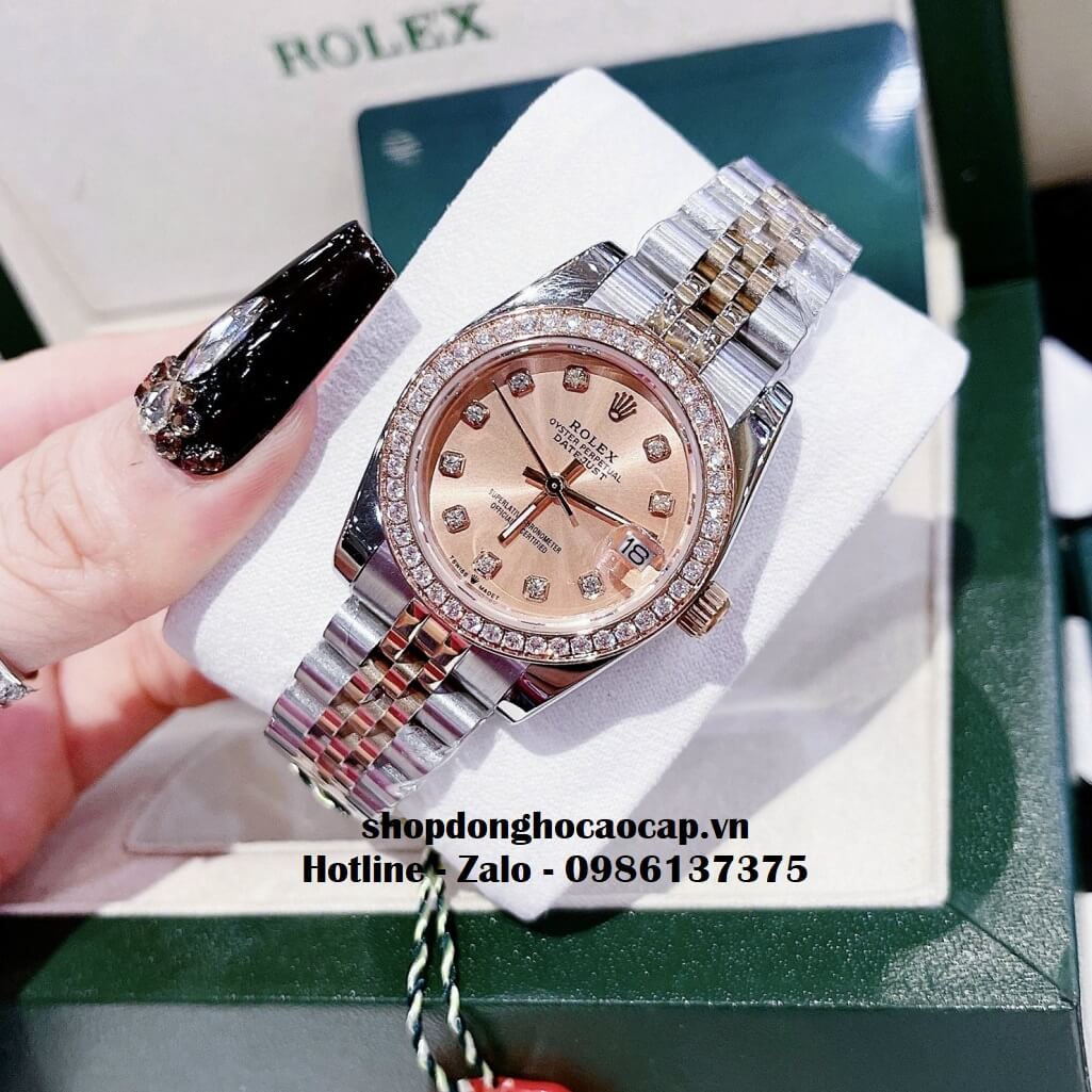 Đồng Hồ Rolex Datejust Nữ Dây Demi Rose Mặt Rose Viền Đá 32mm